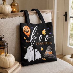 Boo Halloween Watercolor Trick or Treat Black Tote Bag