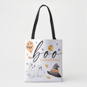 Boo Halloween Watercolor Trick or Treat White Tote Bag