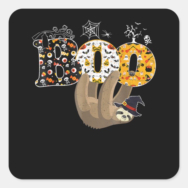 Boo Halloween With Sloth Witch Hat And Spider Gift Square Sticker (Front)