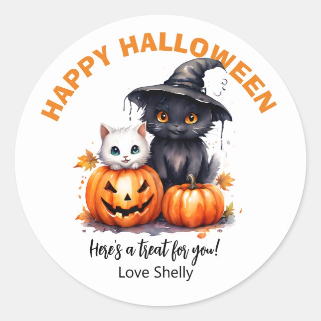 Boo! Happy Halloween friendly ghost & Cat Classic Round Sticker (Front)