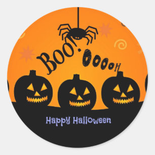 Boo! Happy Halloween in orange and black Classic Round Sticker