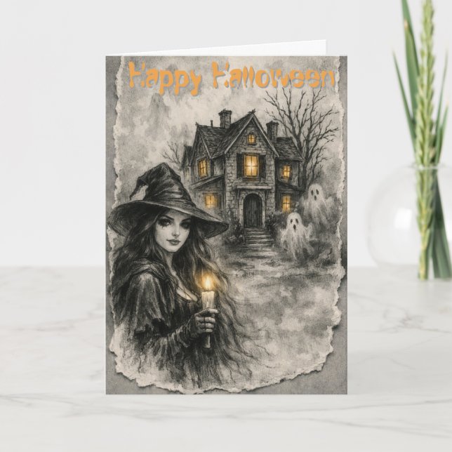 BOO! Haunted Witch & House Halloween  Card (Front)
