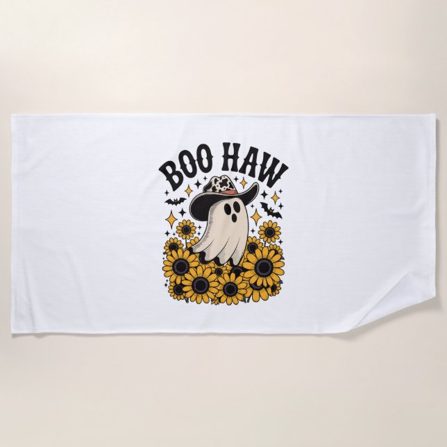 Boo Haw Cow Ghost Western Halloween Beach Towel (Front)