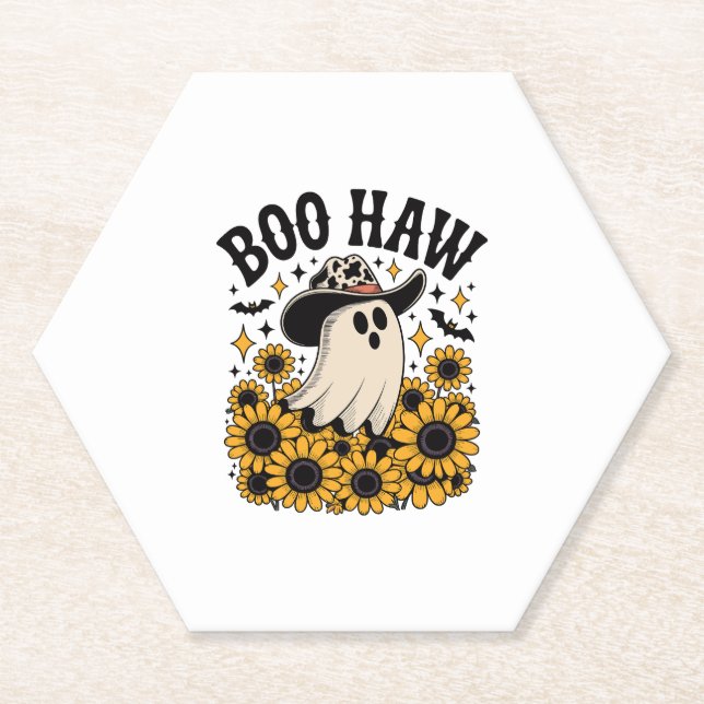 Boo Haw Cow Ghost Western Halloween Paper Coaster (Front)