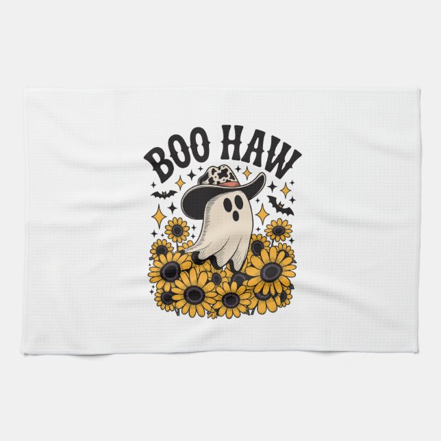 Boo Haw Cow Ghost Western Halloween Tea Towel (Horizontal)
