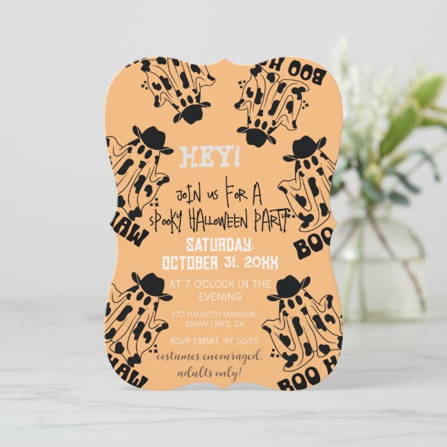 Boo Haw Cow Girl Cow Boy Ghost Halloween Invitation (Standing Front)