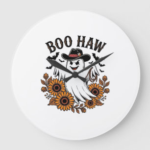 Boo Haw Cowboy Ghost Sunflowers Bats Halloween_1 Large Clock