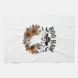 Boo Haw Cowboy Ghost Sunflowers Bats Halloween_1 Tea Towel