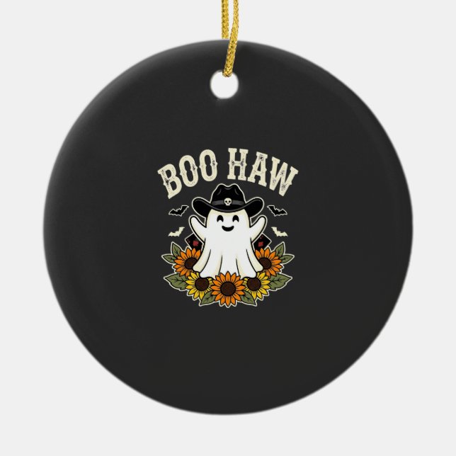 Boo Haw Western Halloween Ghost Design Ceramic Tree Decoration (Front)
