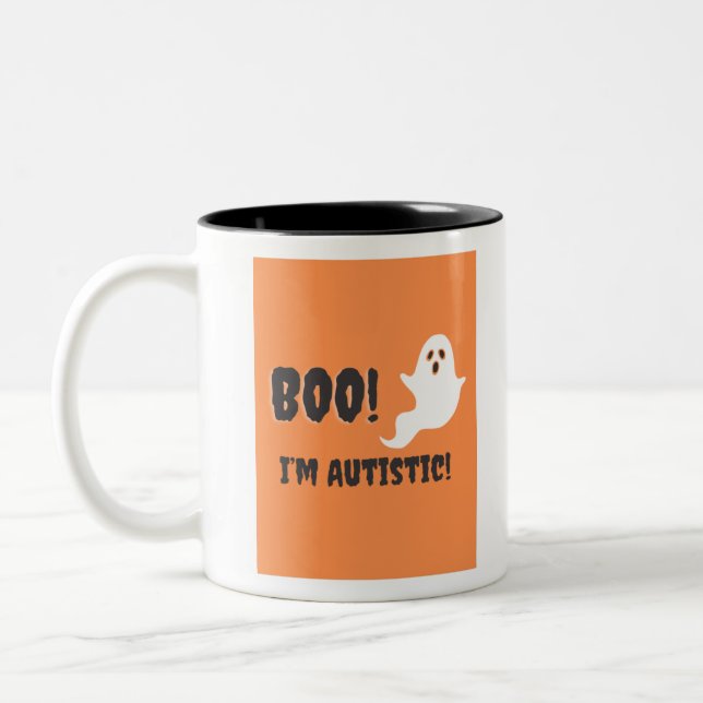 Boo! I’m Autistic! Ghost t-shirt. Two-Tone Coffee Mug (Left)