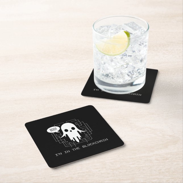 Boo, I'm in the Blockchain—Witty Digital Wear Square Paper Coaster (Insitu)