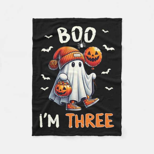 Boo I'm Three Ghost 3rd Birthday Halloween Boy Kid Fleece Blanket (Front)