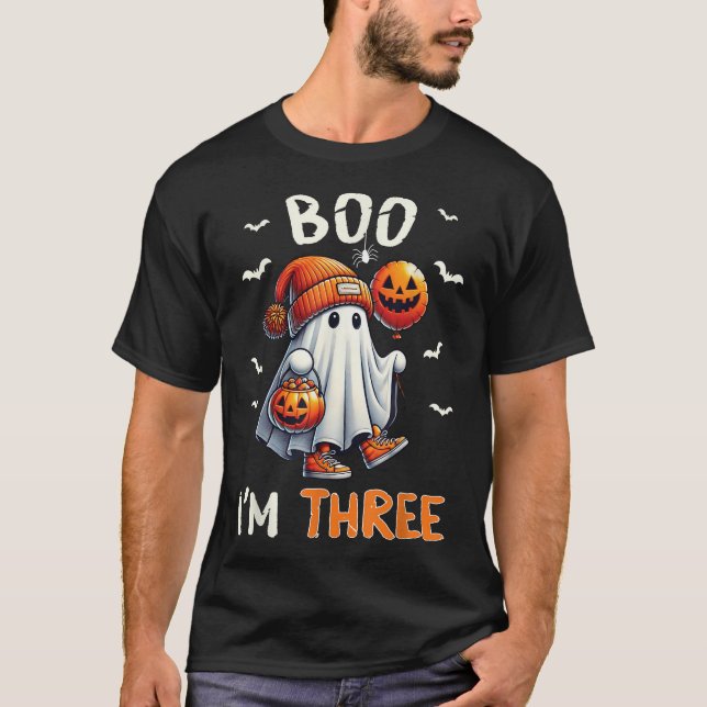 Boo I'M Three Ghost 3Rd Birthday Halloween Boy  T-Shirt (Front)