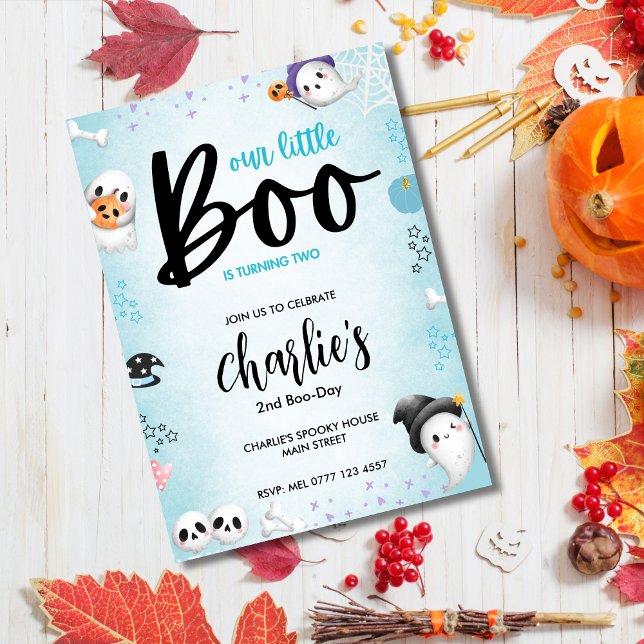 Boo is 2! Blue Halloween Ghost Boy Invitation (Boo-Day)