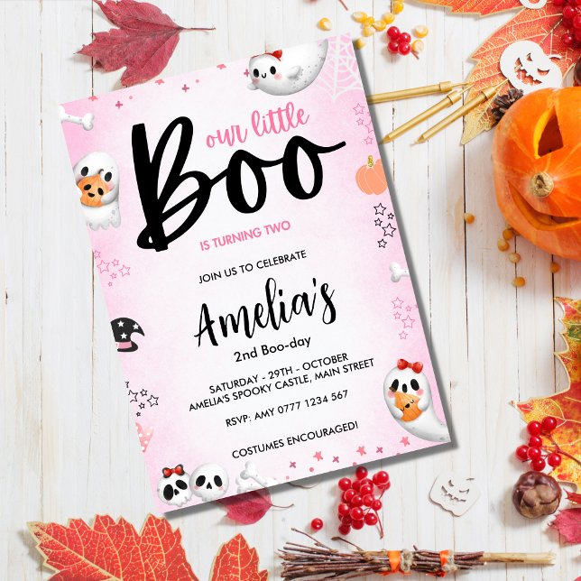 Boo is 2! Pink Halloween Ghost Girl Birthday  Invitation (Our Little Boo is Turning 2!)