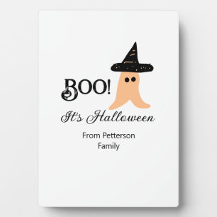 Boo it's Halloween from family name orange ghost Plaque
