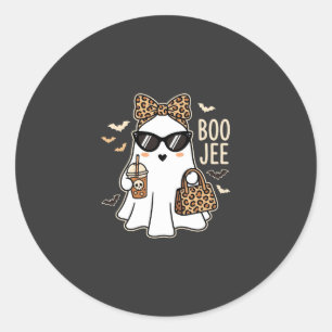 Boo Jee Cute Ghost Halloween Leopard Design_1 Classic Round Sticker