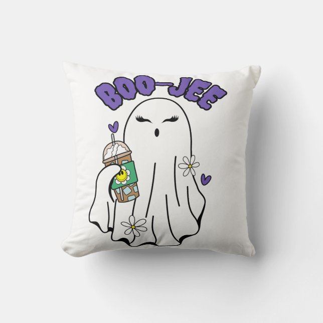Boo-Jee Cute halloween Ghost with Iced Coffee  Cushion (Front)