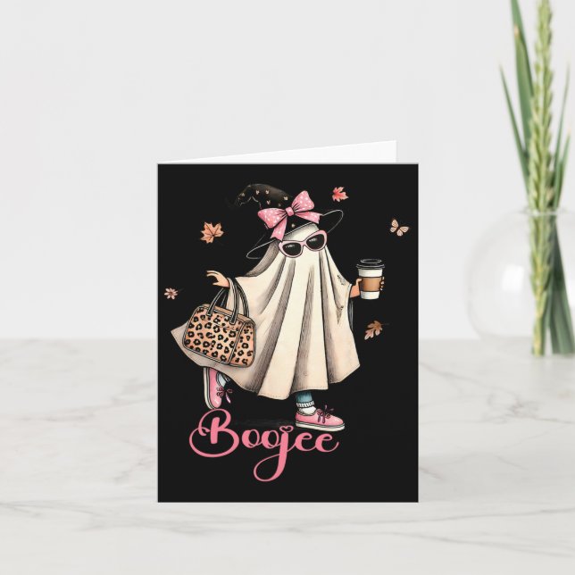 Boo Jee Ghost Drinking Coffee Coquette Bow Hallowe Card (Front)