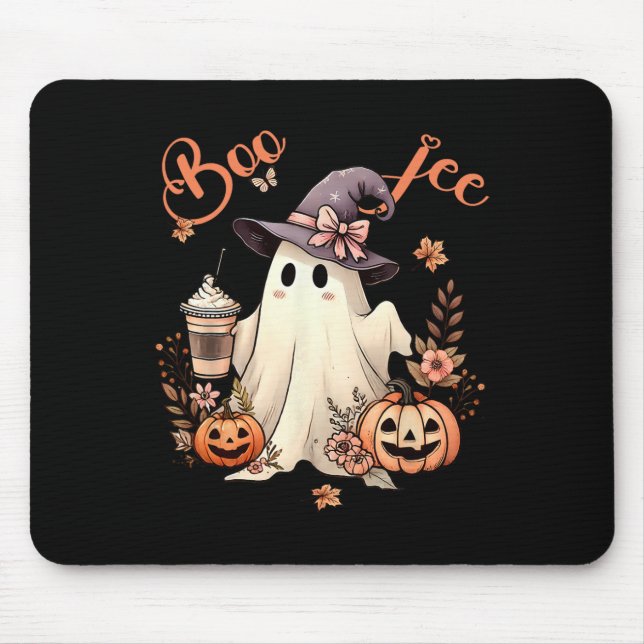 Boo Jee Ghost Drinking Coffee Coquette Bow Hallowe Mouse Mat (Front)