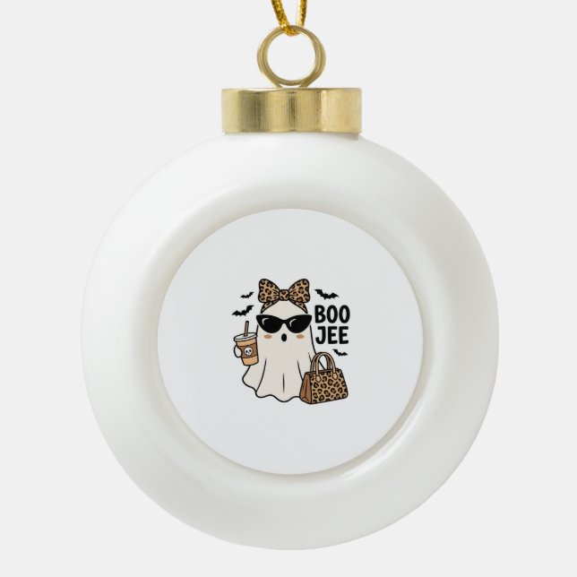 Boo Jee Ghost Halloween Leopard Bow Vector Design_ Ceramic Ball Christmas Ornament (Front)