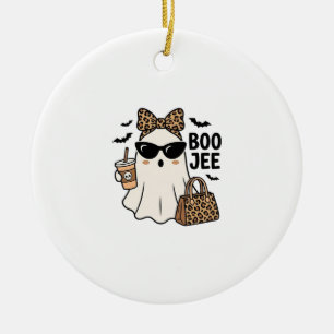 Boo Jee Ghost Halloween Leopard Bow Vector Design_ Ceramic Tree Decoration