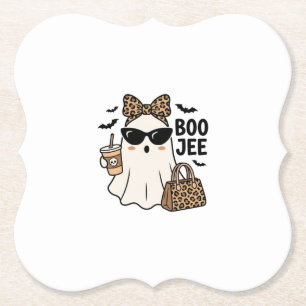 Boo Jee Ghost Halloween Leopard Bow Vector Design_ Paper Coaster