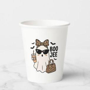 Boo Jee Ghost Halloween Leopard Bow Vector Design_ Paper Cups