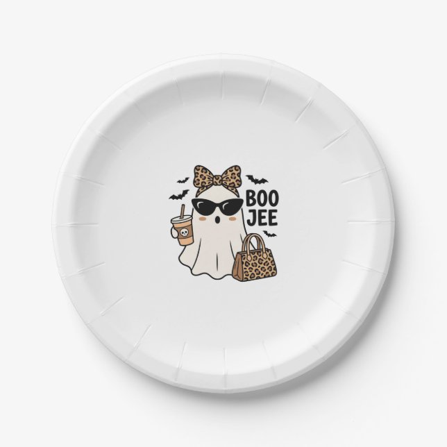 Boo Jee Ghost Halloween Leopard Bow Vector Design_ Paper Plate (Front)