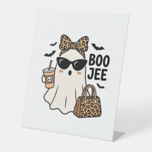 Boo Jee Ghost Halloween Leopard Bow Vector Design_ Pedestal Sign