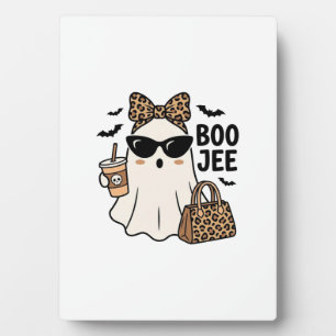 Boo Jee Ghost Halloween Leopard Bow Vector Design_ Plaque