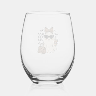 Boo Jee Ghost Halloween Leopard Bow Vector Design_ Stemless Wine Glass