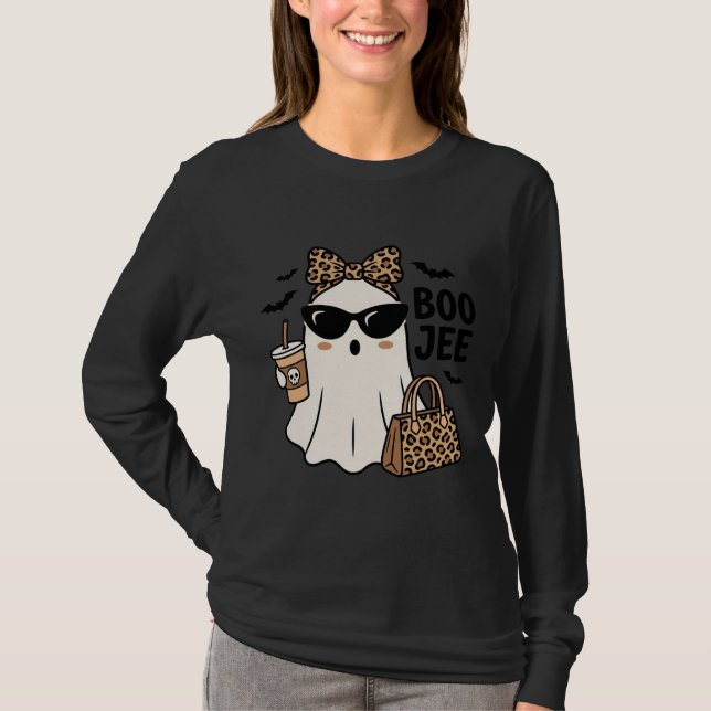 Boo Jee Ghost Halloween Leopard Bow Vector Design_ T-Shirt (Front)