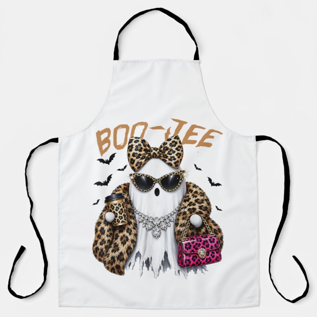 Boo-JEE Ghost Leopard Coquette Halloween Apron (Front)