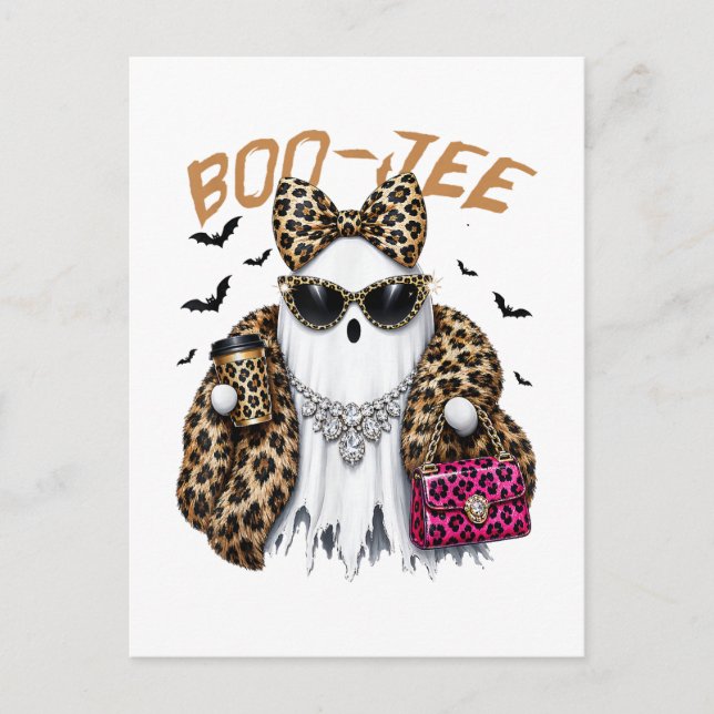 Boo-JEE Ghost Leopard Coquette Halloween Invitation Postcard (Front)