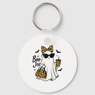 Boo Jee Ghost With Coffee Coquette Bow Halloween W Key Ring