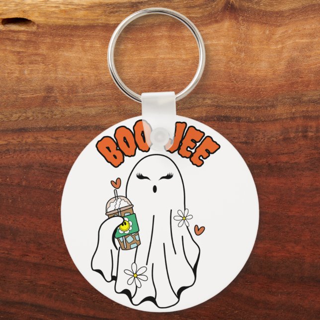 Boo-Jee Halloween Ghost with Iced Coffee in hand  Key Ring (Front)