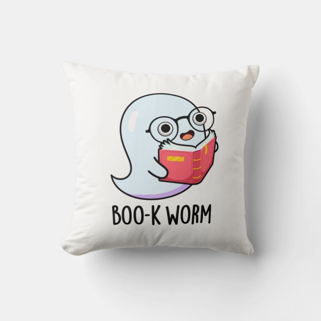 Boo-k Worm Funny Halloween Bookworm Ghost Pun Cushion (Front)