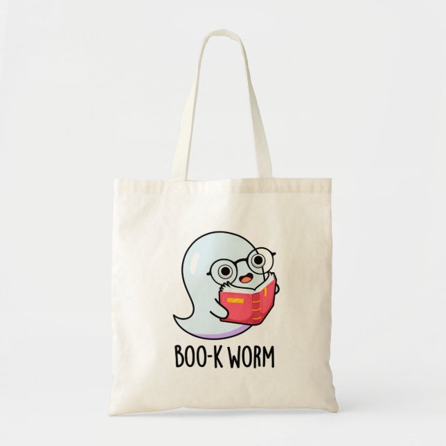 Boo-k Worm Funny Halloween Bookworm Ghost Pun Tote Bag (Front)