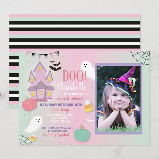 Boo Kids Birthday Halloween Pink Mint Fun Party Invitation (Front/Back)
