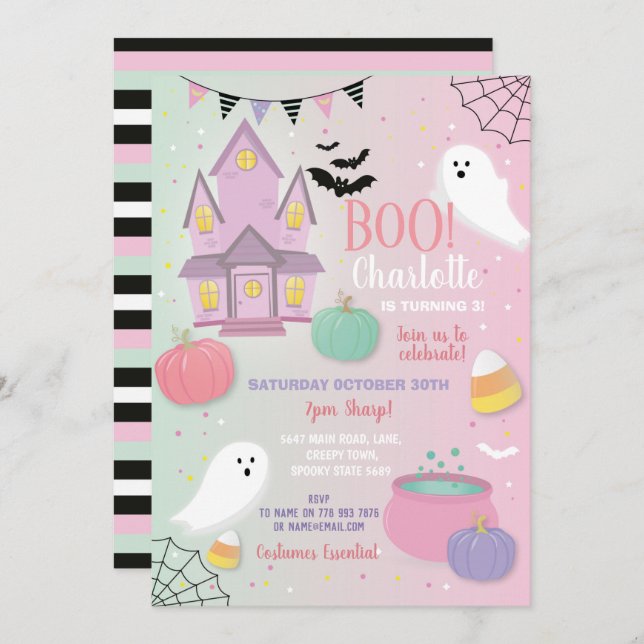 Boo Kids Halloween Pink Mint Fun Party Ghosts Invitation (Front/Back)
