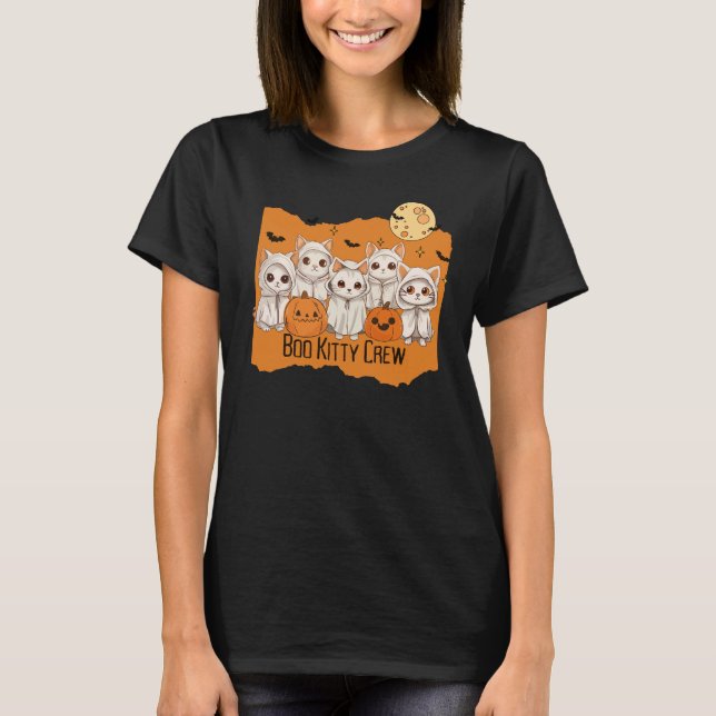 Boo Kitty Crew Halloween cute kittens full moon T-Shirt (Front)