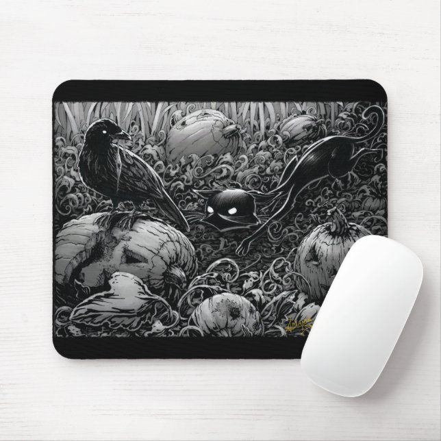 Boo Kitty Stalks a Raven Mouse Pad (With Mouse)
