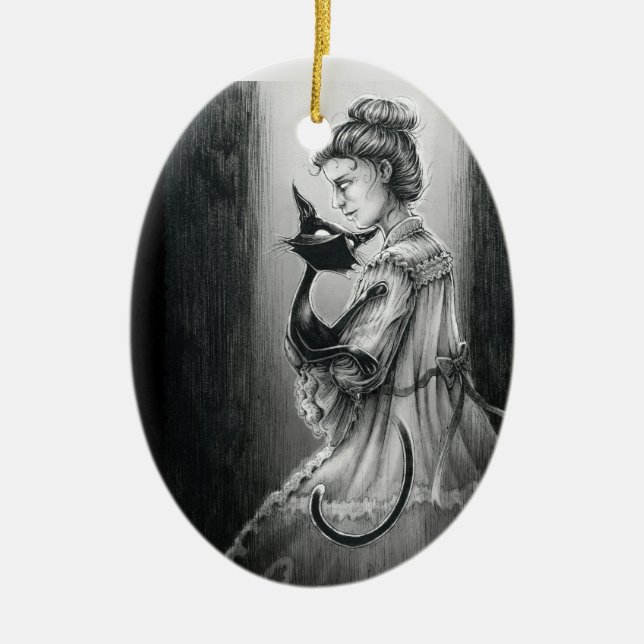 Boo Kitty With Her Ghost Ceramic Ornament (Front)