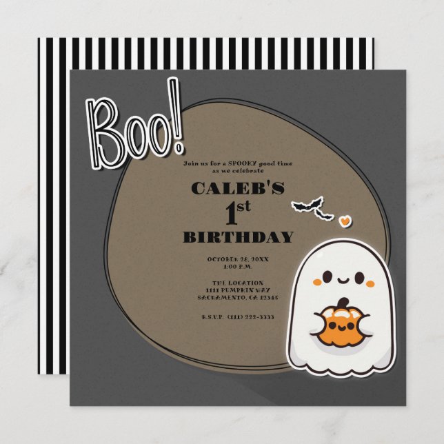 BOO! Little Ghost Grey Halloween 1st Birthday  Invitation (Front/Back)