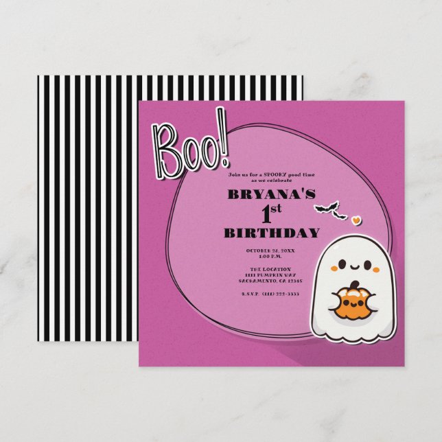 BOO! Little Ghost Pink Halloween 1st Birthday  Invitation (Front/Back)