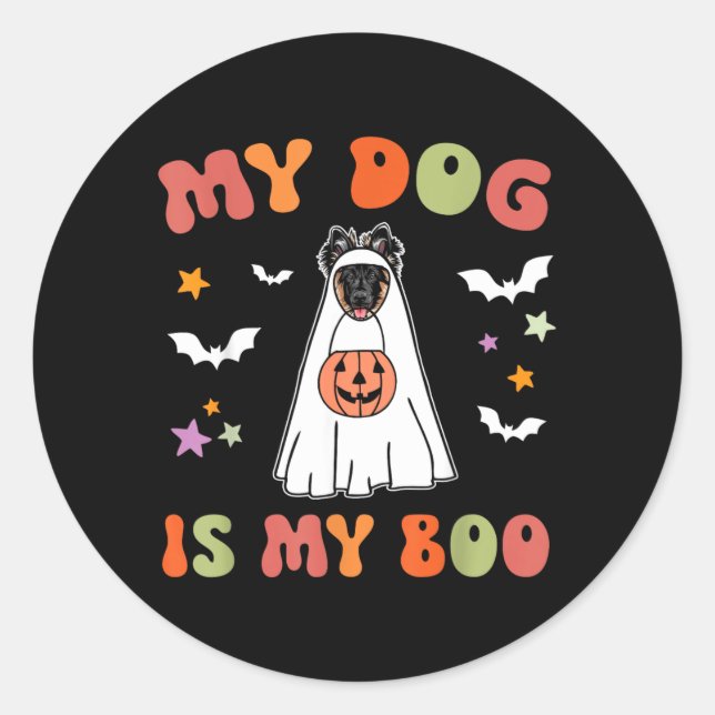 Boo Long-Haired German Shepherd Dog Halloween Classic Round Sticker (Front)
