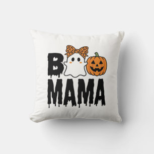 Boo Mama Halloween Ghost Pumpkin Bow Design Cushion