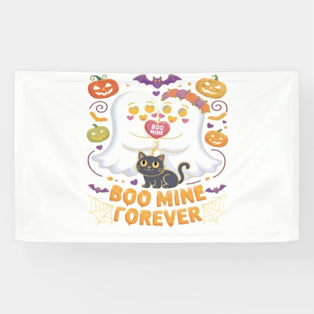 Boo Mine Forever Cute Ghosts Black Cat Love Hallow Banner (Horizontal)