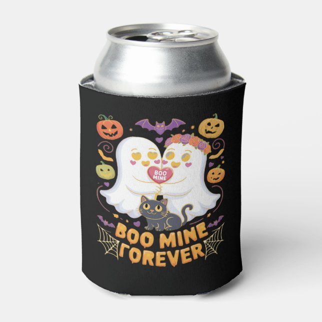 Boo Mine Forever Cute Ghosts Black Cat Love Hallow Can Cooler (Can Front)